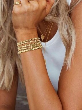 14K Gold Plated Beaded Bracelets Set for Women Elastic Stretch Stack 5 pack